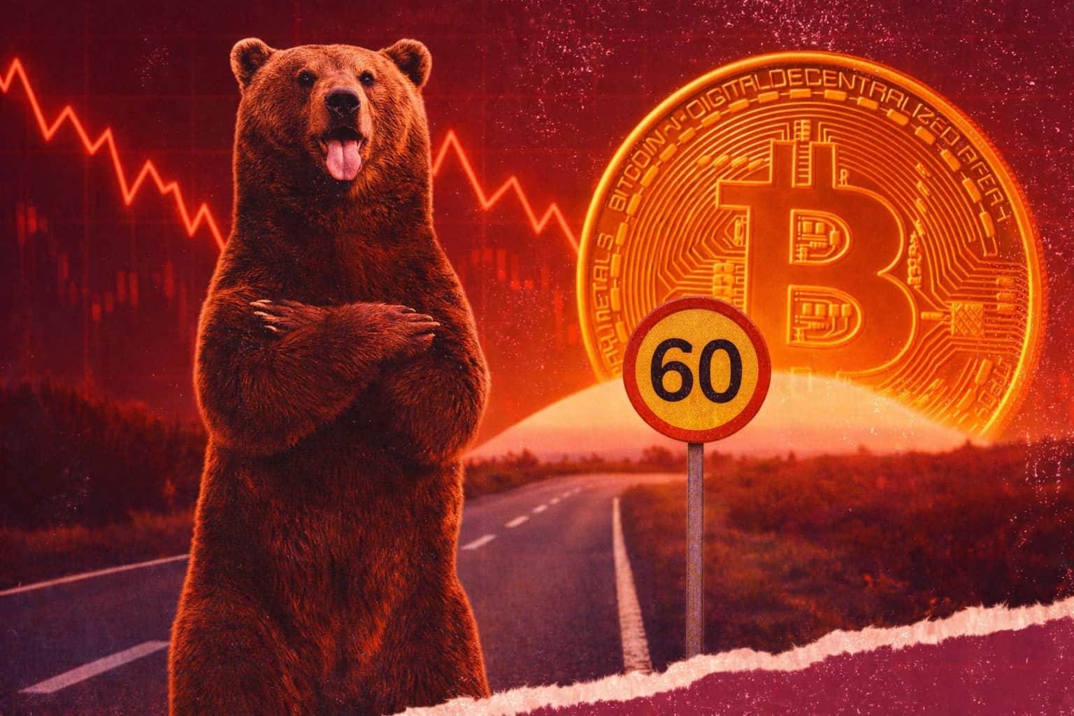 Imagen de bitcoin con una flecha hacia abajo, reflejando la caída del precio.
