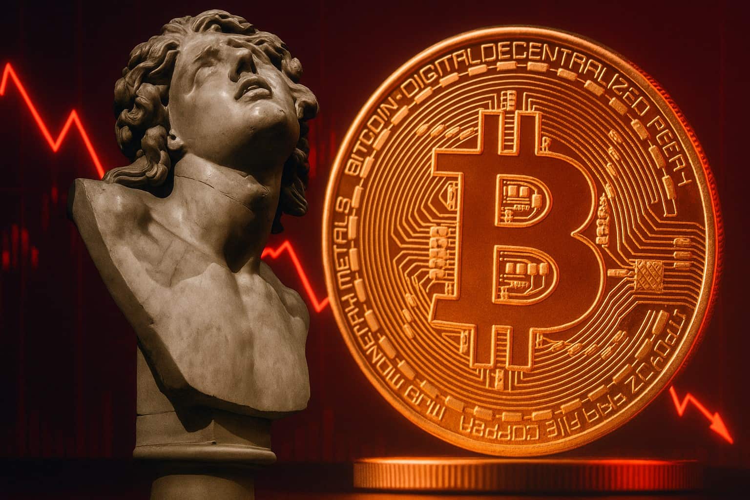 Imagen de Bitcoin con una flecha hacia abajo, simbolizando la caía del precio.