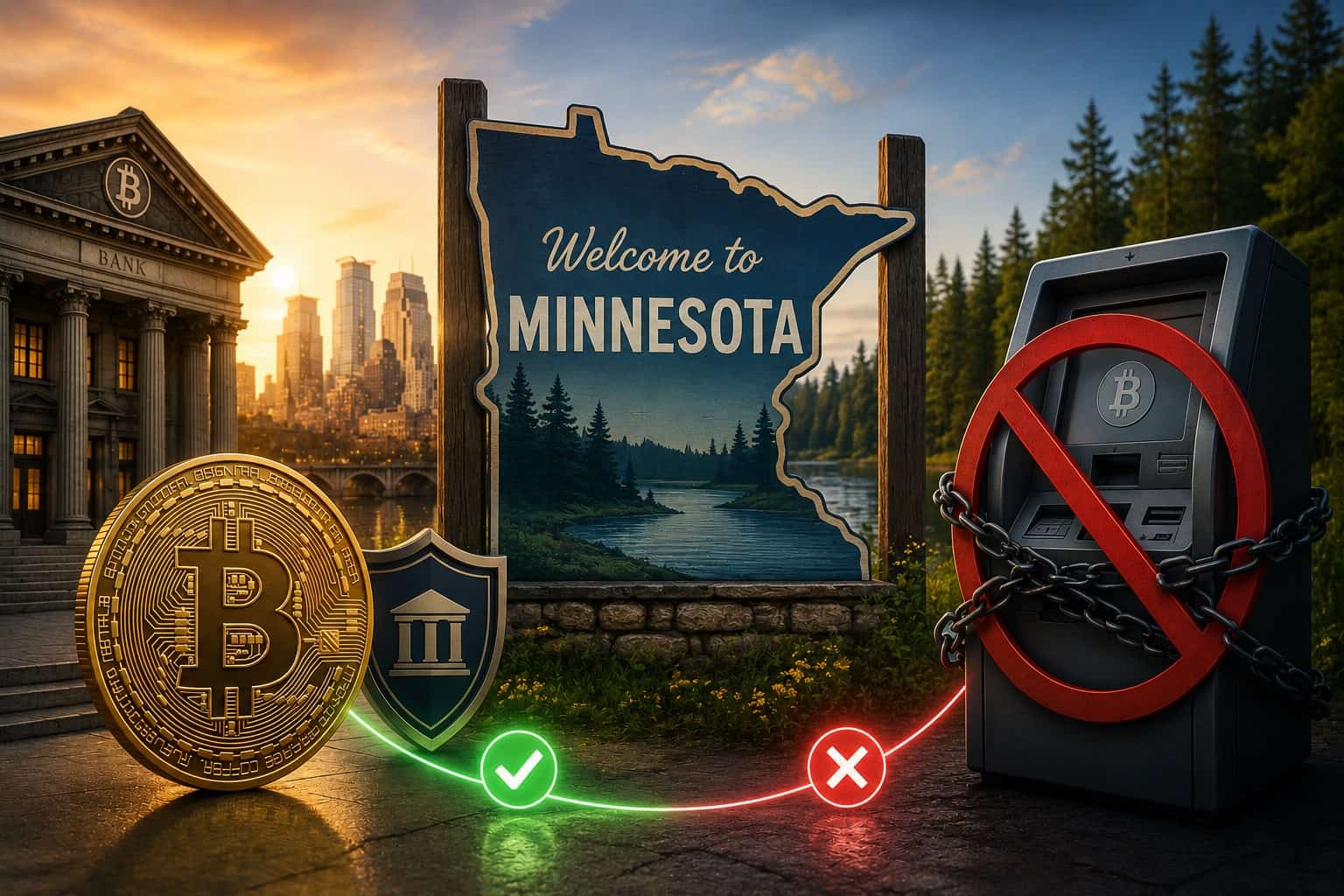 Imagen de un banco con un logo de Bitcoin en la fachada, simbolizando la nueva ley de custodia de criptomonedas en Minnesota