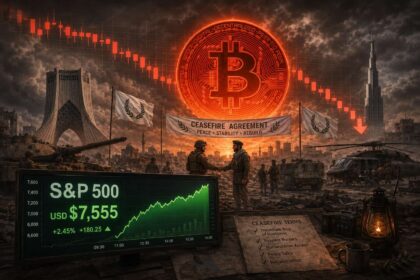 Gráfico de Bitcoin en caída libre con fondo de mapa geopolítico de Oriente Medio
