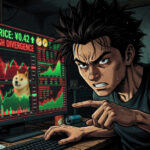 Gráfico de Dogecoin con flecha bajista y volumen bajo