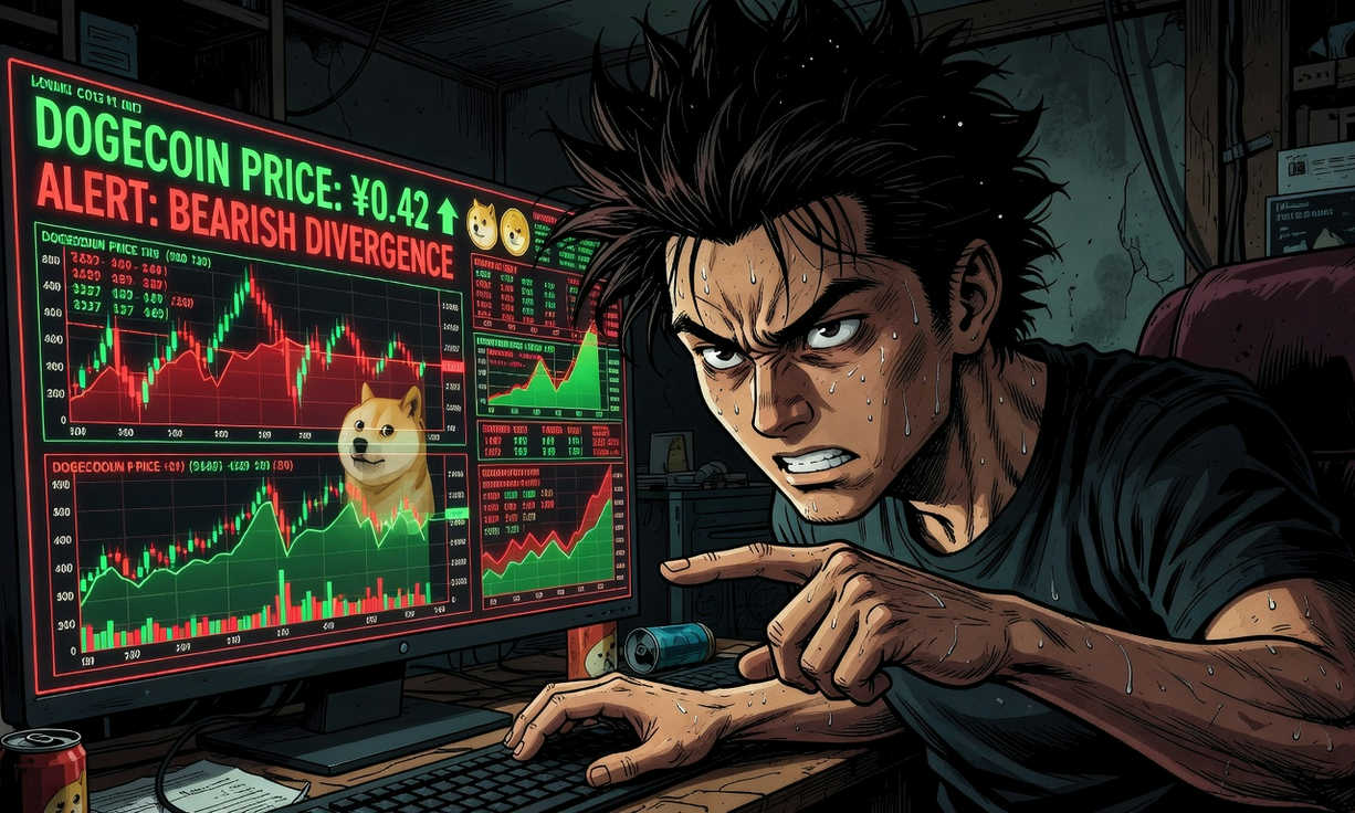Gráfico de Dogecoin con flecha bajista y volumen bajo