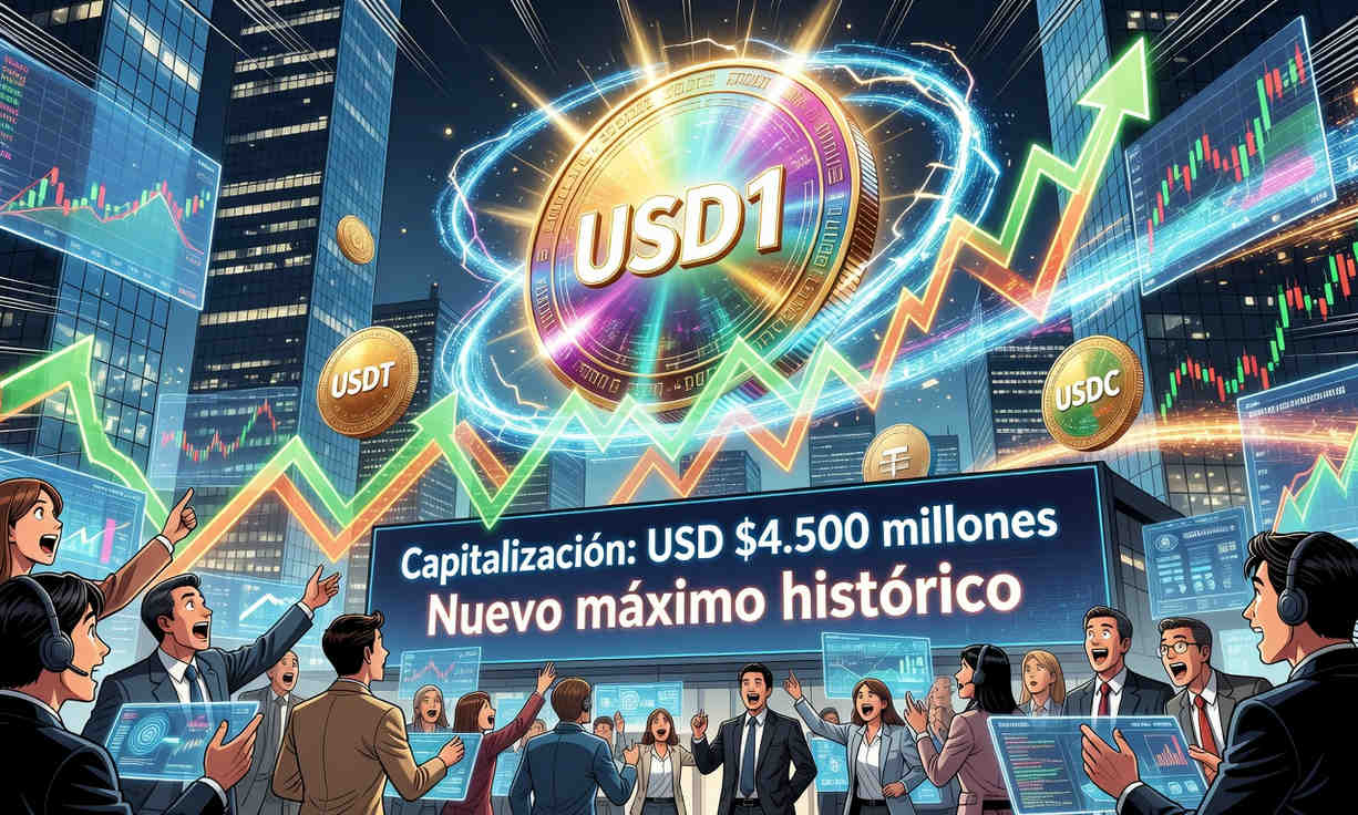 Imagen de una gráfica de crecimiento con el texto 'USD1 alcanza $4.500M en capitalización de mercado'