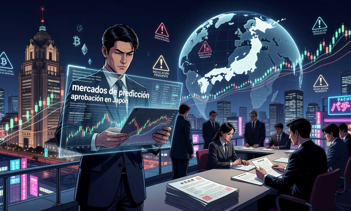 Imagen de una persona frente a una pantalla de computadora con gráficos de mercado y un paisaje urbano de Tokio al fondo