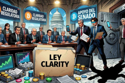 Imagen de una persona trabajando en un escritorio con un logo de cripto en la pantalla del ordenador, rodeado de papeles y documentos.