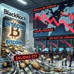 Imagen de un gráfico de Bitcoin con un fondo de noticias financieras, reflejando la caída del precio de Bitcoin.