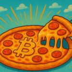 Imagen de pizzas siendo entregadas con un titular 'Laszlo Hanyecz y sus 100.000 BTC en pizzas'