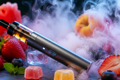 Imagen de un vape con sabor frutal, adormecido con humo, rodeado de frutas