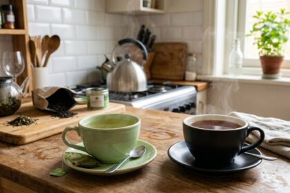 Una taza de té verde caliente con hojas de té verde fresco