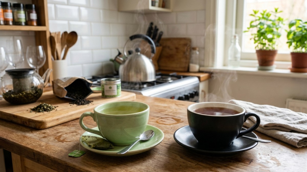 Una taza de té verde caliente con hojas de té verde fresco