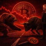 Imagen de Bitcoin con gráficos de mercado y una flecha hacia arriba, simbolizando su reciente rebote.