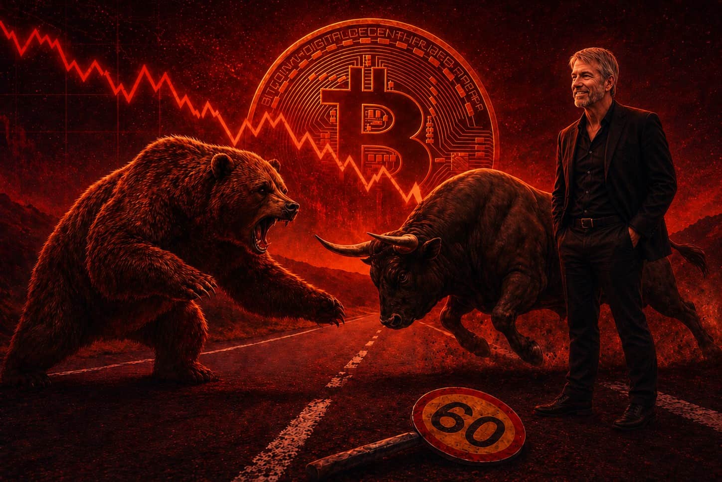 Imagen de Bitcoin con gráficos de mercado y una flecha hacia arriba, simbolizando su reciente rebote.
