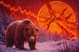 Gráfico de Bitcoin con una flecha hacia abajo, simbolizando su caída hacia $68.000 por liquidaciones de más de $700 millones