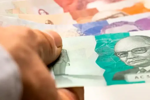 Imagen de una persona ahorrando dinero en un banco, con un gráfico de datos detrás que muestra la absorción del ahorro nacional por parte del Gobierno.