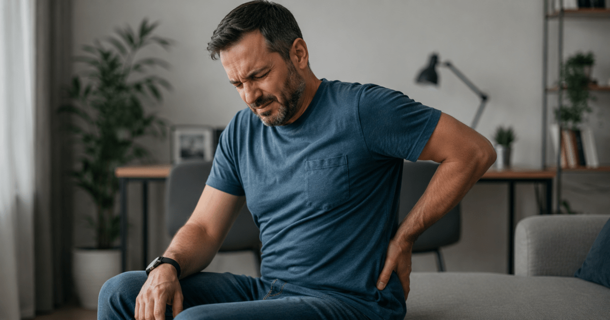Persona experimentando dolor en la zona lumbar y glúteos, común en la ciática