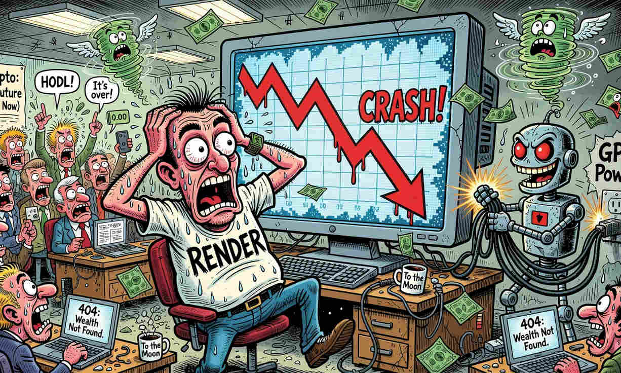 Gráfico de velas de Render (RENDER) mostrando desplome del 12% en 24 horas con volumen alto