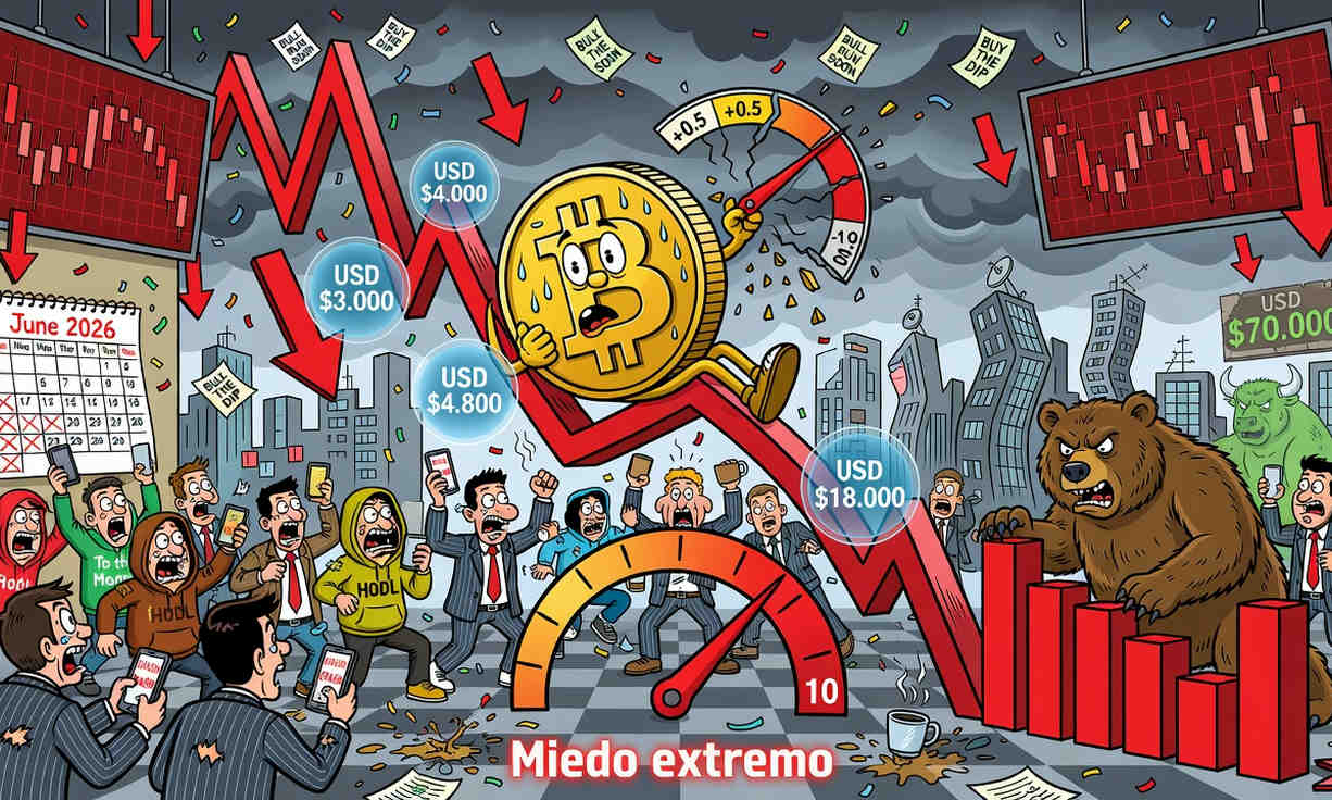 Gráfico de Bitcoin con indicadores de miedo extremo y posible recuperación.