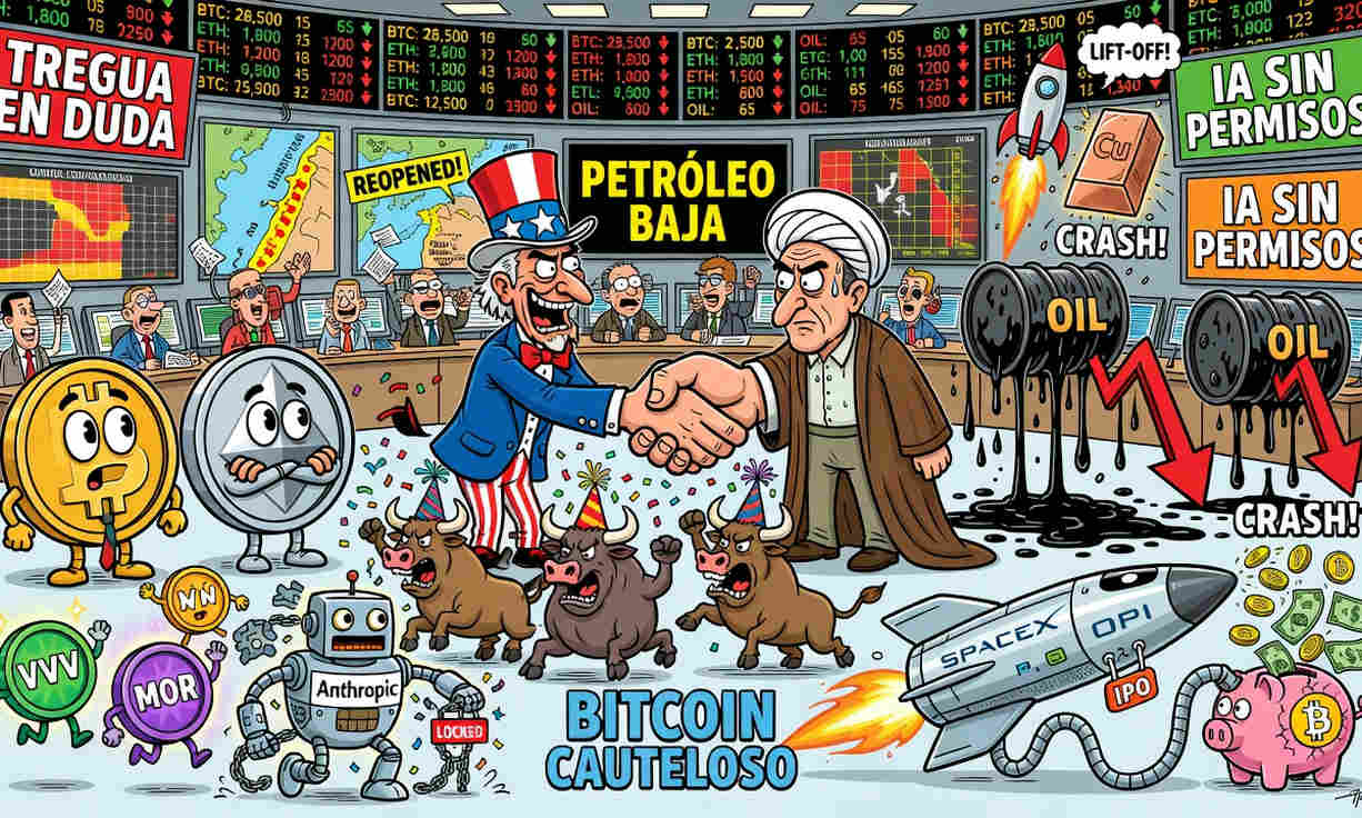Gráfico de Bitcoin con fondo de noticias de mercados y geopolítica