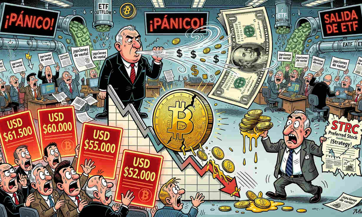 Un gráfico de Bitcoin con una flecha bajista y un precio de $52.000 en el fondo