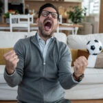 Persona con la mano en el pecho, con una expresión de dolor o alarma, mientras ve un partido de fútbol en la televisión