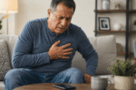Persona con dolor en el pecho, un síntoma común de infarto