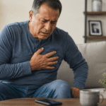 Persona con dolor en el pecho, un síntoma común de infarto