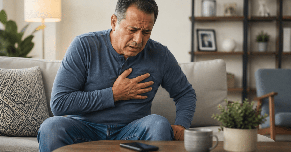Persona con dolor en el pecho, un síntoma común de infarto