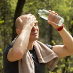 Persona bebiendo agua de una botella durante un día caluroso de verano